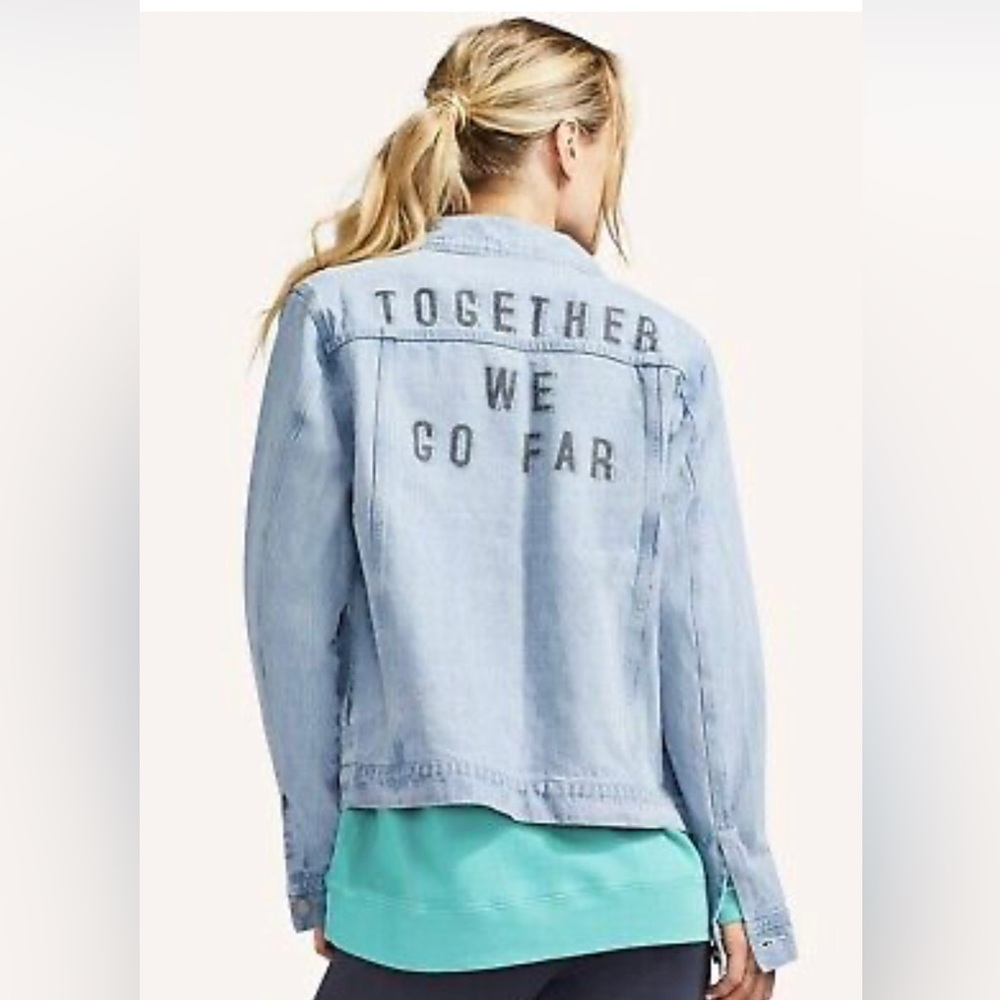 NWT Peloton Denim Jean Jacket Lt Wash Branded Buttons "Together We Go Far"